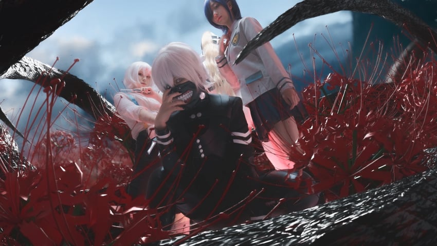 kaneki ken, kirishima touka, mo ruolin, and suzuya juuzou (tokyo ghoul and 1 more) by banbanko, lilium725, takomayuyi, and yami_(chanbaekkailu1)