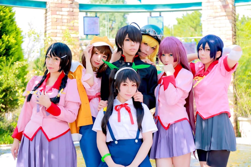 oshino shinobu, senjougahara hitagi, hanekawa tsubasa, hachikuji mayoi, araragi koyomi, and 2 more (monogatari and 1 more) by gongoma02, himeneko24, myc43, no_sk2, piyopiyo1027sy, smka_12854, and ymnnkn_okura