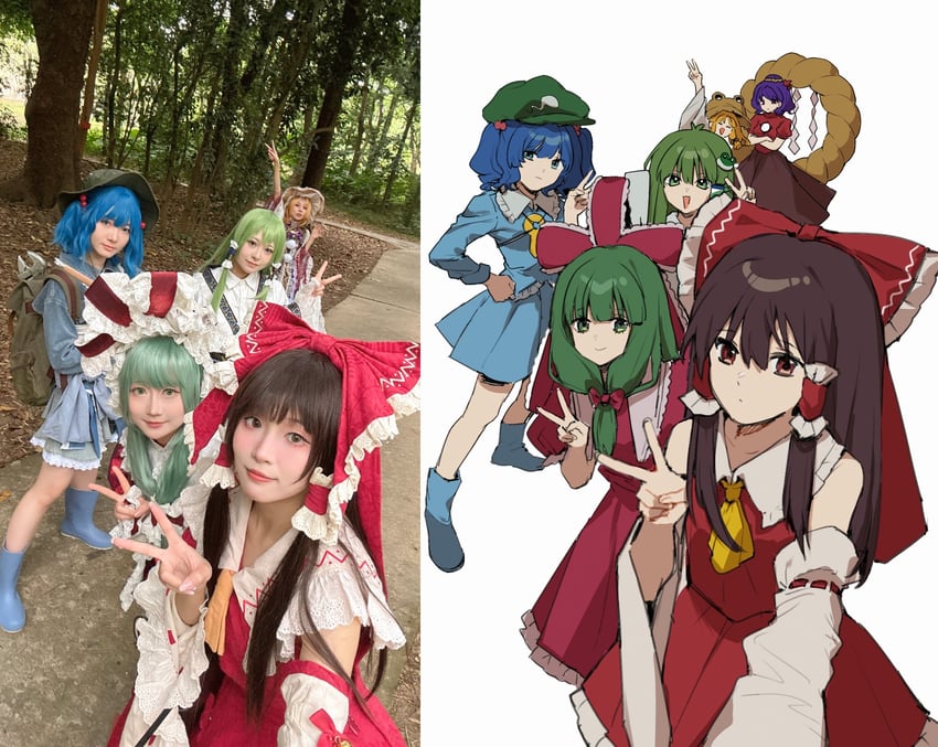 hakurei reimu, moriya suwako, kagiyama hina, kochiya sanae, and kawashiro nitori (touhou) by iwakoo