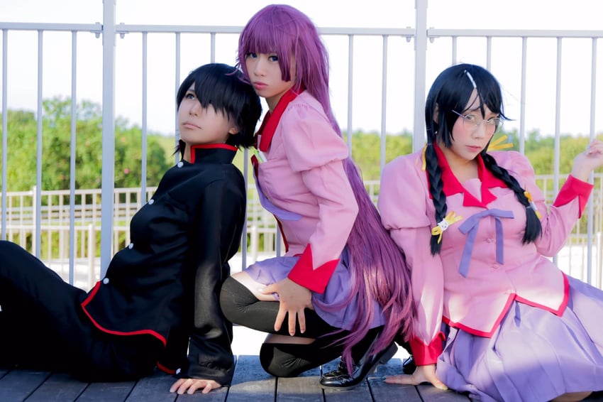 senjougahara hitagi, hanekawa tsubasa, and araragi koyomi (monogatari and 1 more) by gongoma02, smka_12854, and ymnnkn_okura