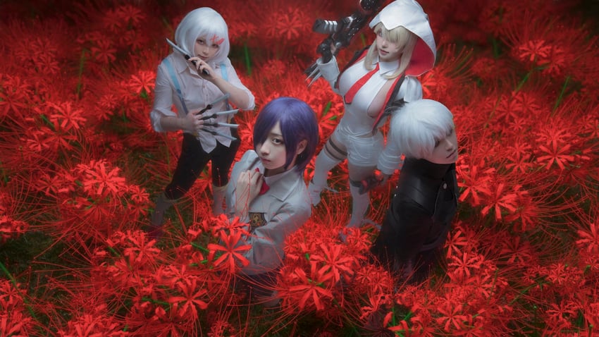 kaneki ken, kirishima touka, mo ruolin, and suzuya juuzou (tokyo ghoul and 1 more) by banbanko, lilium725, takomayuyi, and yami_(chanbaekkailu1)